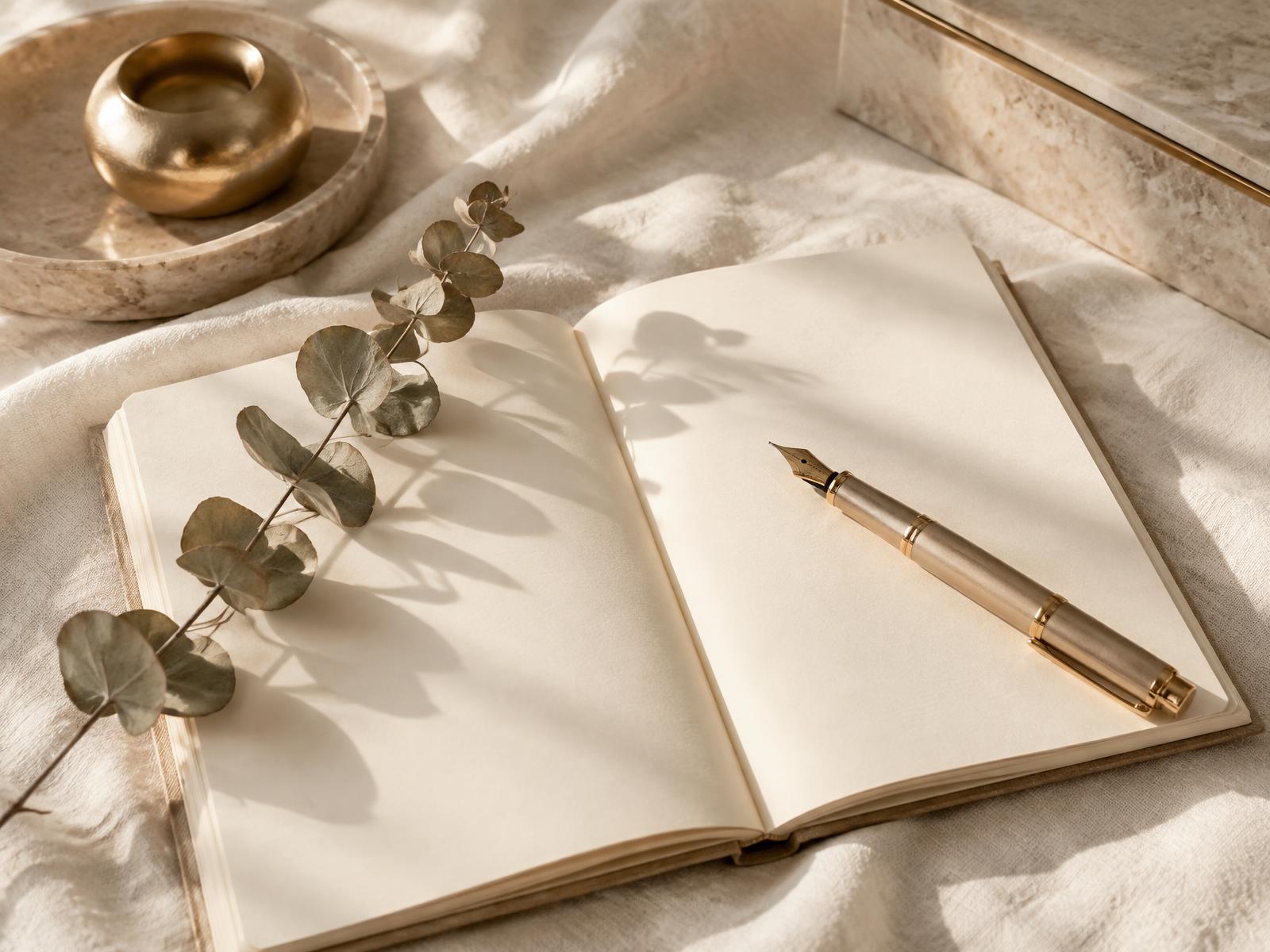 Open notebook, fountain pen and dried eucalyptus in warm light